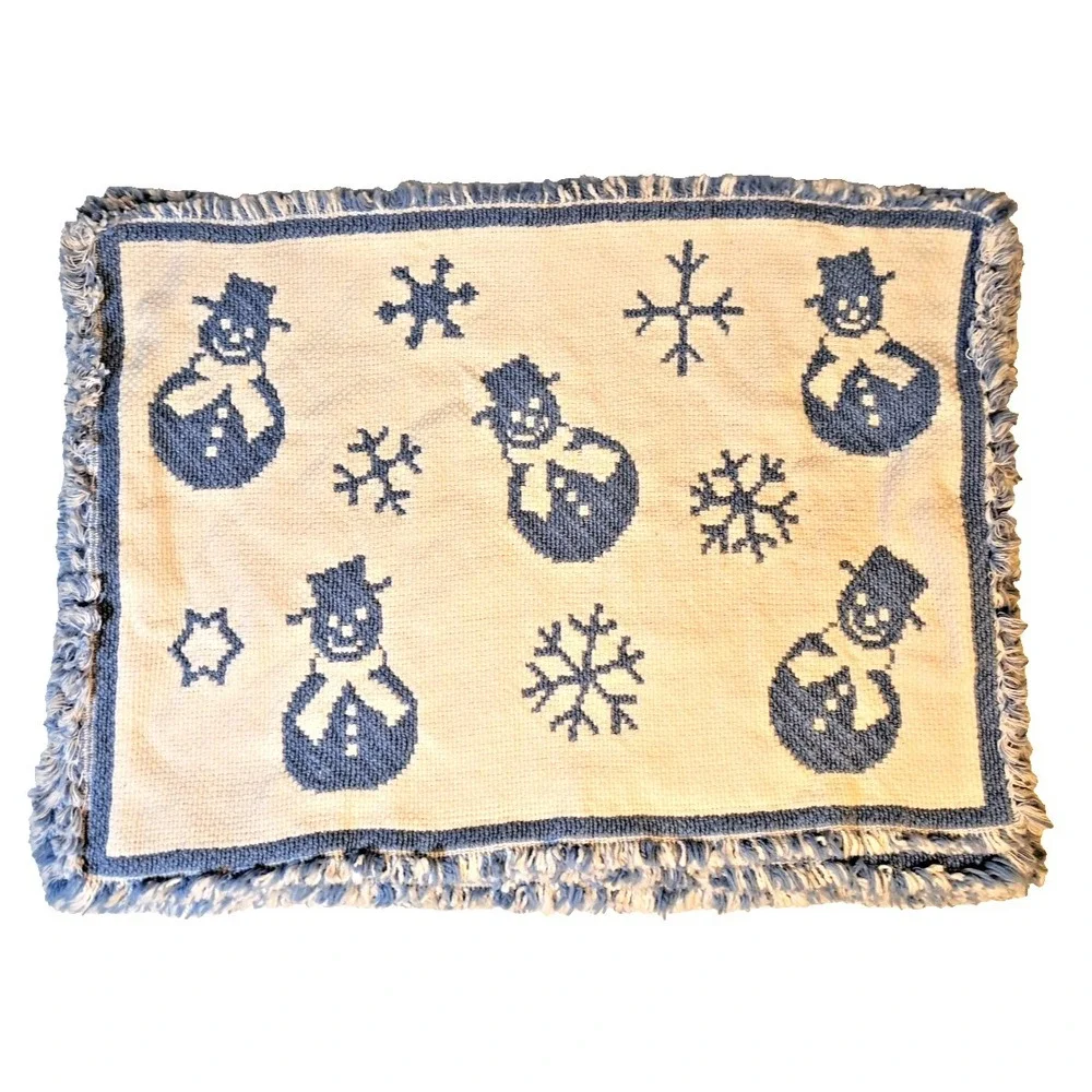 Set of 6 Blue White Snowman Snowflake Woven‎ Tapestry Placemats Winter Decor